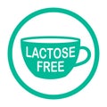 Lactose free round sign. Mug-shaped logo or icon. Allergy warning. Milk